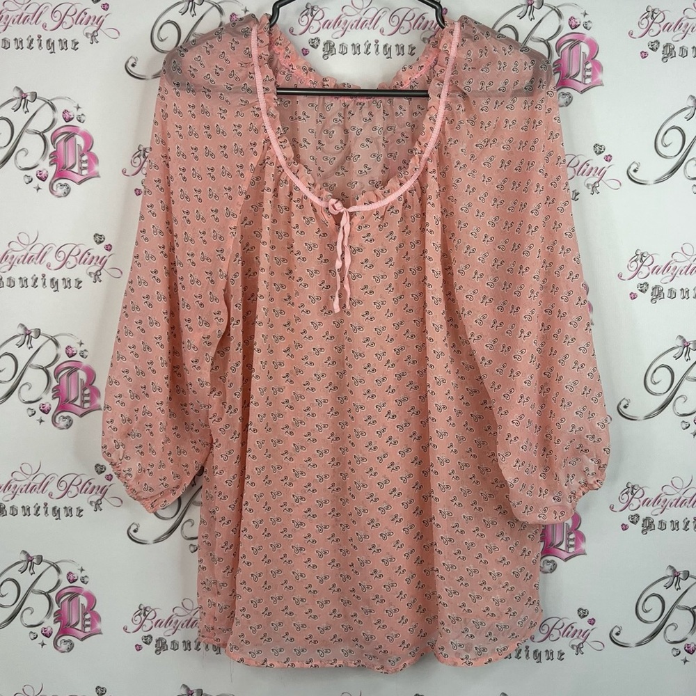 Blouse flowy paisley print tie up strings sheer style  Floral Women's Top